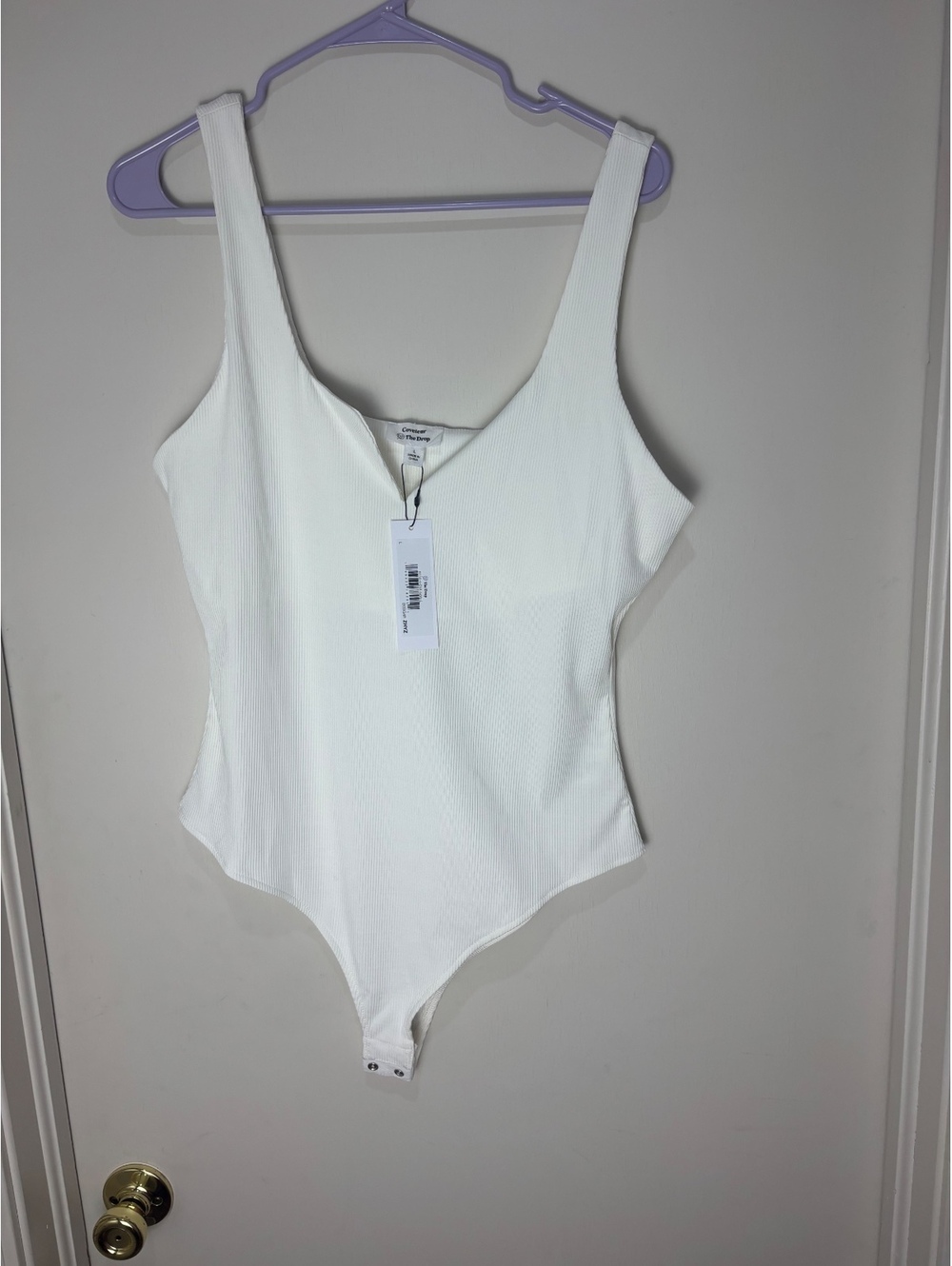 Coveteur The Drop Women L Ivory Ribbed V Neck Bodysuit Shelf Bra NWT